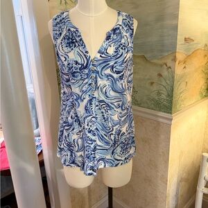 Lilly Pulitzer Blue and White Smocked Henley Tank Top